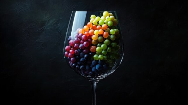 Vibrant grapes of various colors arranged inside a wine glass, highlighting diversity and elegance against a dramatic dark backdrop.