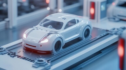 Fototapeta premium White Car Model Moves Along Automated Assembly Line