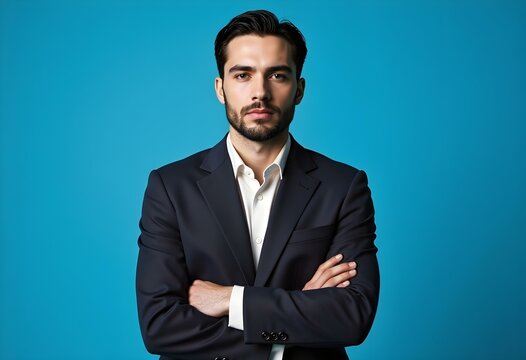 A man in a suit stands with his arms crossed against a blue background