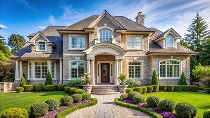 Elegant home exterior with manicured landscaping and ornate details, elegant, home, exterior, beautiful, stylish, architecture