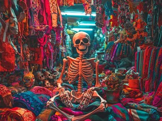 Fototapeta premium Colorful Decorated Skeleton Figurines Posed Amidst Vibrant Textiles and Artisan Crafts in a Lively Market Scene