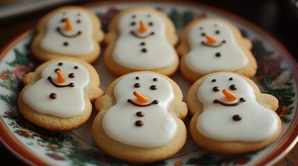 Gingerbread cookies shaped like smiling snowmen arranged on a festive plate