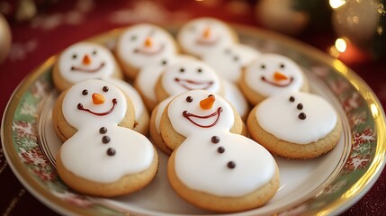 Obraz premium Gingerbread cookies shaped like smiling snowmen arranged on a festive plate