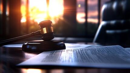 Obraz premium Gavel and Legal Documents at Sunset: A Symbol of Justice