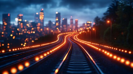 Obraz premium A mesmerizing view of glowing railway tracks leading towards a vibrant city skyline at dusk, blending nature with urban life.