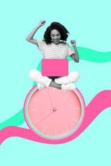 Vertical photo collage of happy american girl freelancer type laptop alarm deadline regime expire timetable isolated on painted background