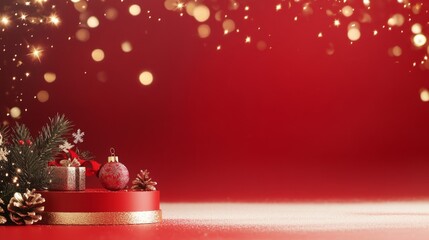 Festive Christmas Decorations with Gifts and Red Background