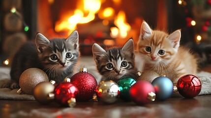 A group of kittens playing with Christmas ornaments near a glowing fireplace