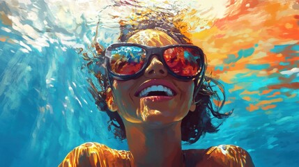 Naklejka premium Vibrant underwater view of a woman enjoying the pool, her goggles reflecting sunlight as she smiles joyfully.