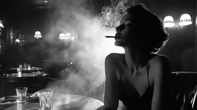 Vintage-inspired scene of a woman smoking in a dim room filled with haze, captured in dramatic black-and-white tones.