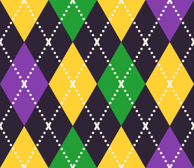 Geometric Mardi Gras pattern with Harlequin ornament. Diagonal rhombus argyle grid with dotted lines. Flat simple style.
