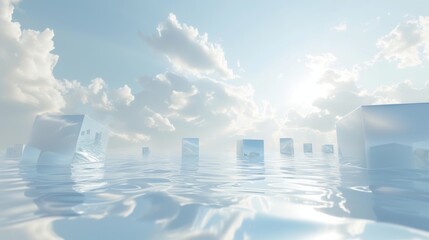 Transparent cubes hover above rippling water under a pristine blue sky. The soft daylight creates reflections, offering a serene and imaginative visual for creative projects.
