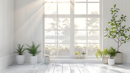 Summer landscape through window, Scandinavian white room, home design, copy space for text, 3D...