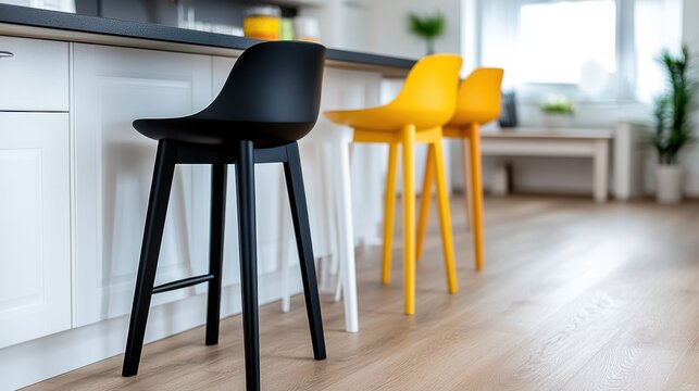 A sleek kitchen setup featuring stylish black, white, and yellow stools against a minimalist backdrop, highlighting the chic and modern vibe of the space.