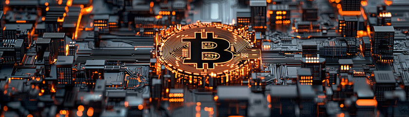 Fototapeta premium Bitcoin Data Flow Concept. A digital representation of Bitcoin surrounded by a network of circuits, symbolizing cryptocurrency technology and digital finance innovation.