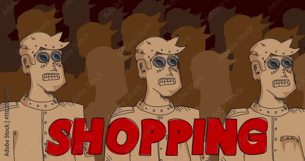 Poster robot with shopping text. cartoon animated video. future robotics animation.