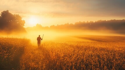 Fototapeta premium Serene Golden Field at Sunrise with Silhouetted Farmer Walking Through Misty Landscape Reflecting Tranquility and Natural Beauty in Agricultural Settings