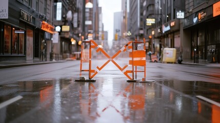 Obraz premium Urban street closure with construction barriers during rainy weather in the city center