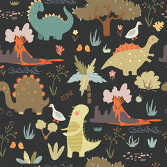 World of dinosaur and plants, doodle. Seamless pattern with hand drawn nature, dino, ducks, volcano on black background. © Юлия Ткачук