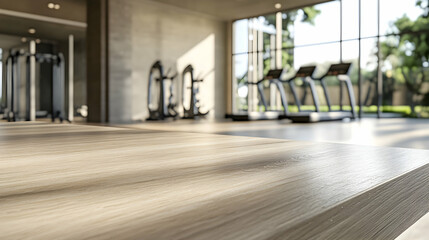 Fototapeta premium Wooden table with blurred gym equipment and natural light background