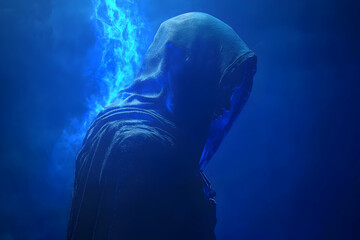 Fototapeta premium Hooded figure with glowing blue aura in futuristic environment