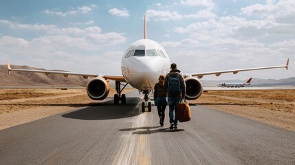 Passengers walking on jet bridge to plane at airport terminal location