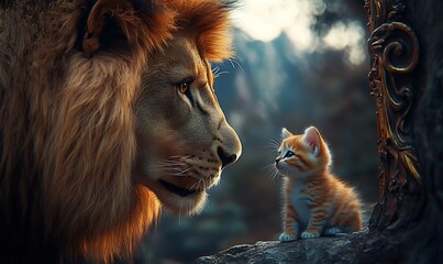 Fototapeta premium A lion gazes into a mirror, seeing a kitten reflection, symbolizing self-perception and potential. 