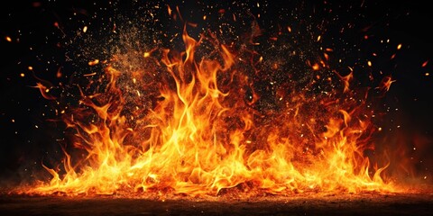 Burning orange sparks rising from the fire , heat, flames, glowing, bonfire, explosion, warmth, ignite, embers