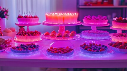 A colorful dessert display featuring various cakes and pastries, illuminated with vibrant purple and pink lighting, creating a festive atmosphere.