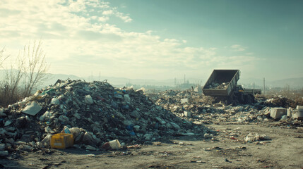 A trash collection site with overflowing garbage bins surrounded by debris, depicting urban waste management issues