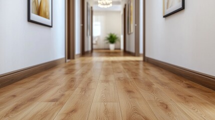 Fototapeta premium Serene hallway with light oak flooring, subtly blurred background showcasing modern interior design