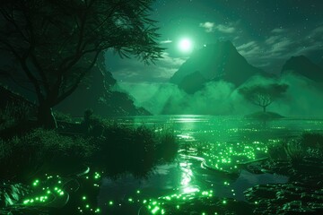 Nighttime Landscape with Green Glowing Water and Silhouetted Mountains