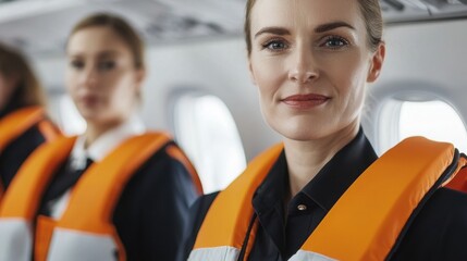 Cabin crew safety demonstration airplane training video interior close-up