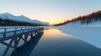 Obraz premium Serene Dawn, Frozen lake reflects sunrise, mountains rise in the background