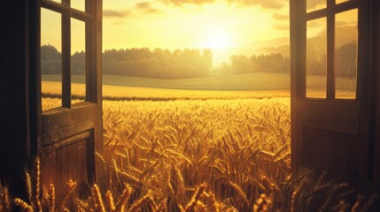 Fototapeta premium Golden Wheat Field at Sunrise Viewed Through Open Window Frame