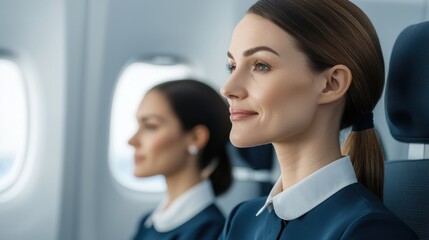 Fototapeta premium Airplane training cabin crew safety procedures demonstrated