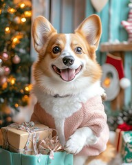Adorable corgi dog in festive Christmas outfit, cute holiday pet with gifts and decorations, joyful winter celebration scene ,Happy corgi with gifts in festive setting ,cute corgi dog