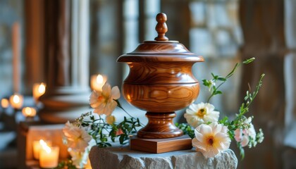 Elegant wooden urn with floral arrangement in tranquil setting