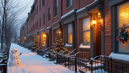 Fototapeta premium Winter evening on a quiet residential street with festive holiday decorations and snowman