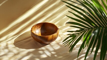 Obraz premium Wooden bowl with tropical leaves and sunlight shadows