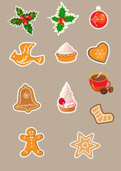 Christmas and New Year stickers in flat design. Festive decor with Christmas and New Year symbols.