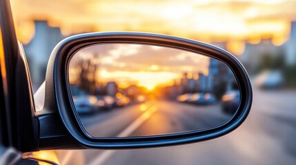 Sunset Reflection in Car Side Mirror with Urban Background