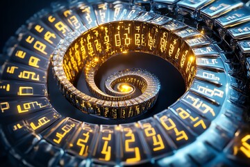 Obraz premium Futuristic spiral structure with glowing digital numbers in a vibrant design.