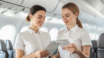 Fototapeta premium Flight attendants explain safety procedures in modern airplane cabin