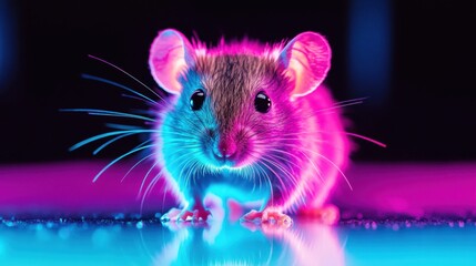 Cute Adorable Mouse in Neon Lighting with Soft Focus Background