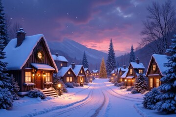 Charming winter village at dusk with snow-covered cabins and illuminated trees