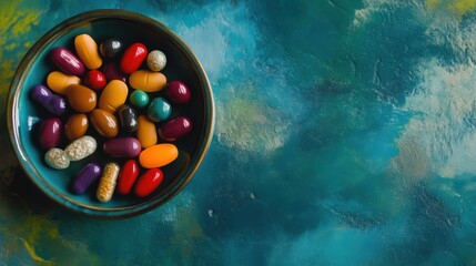 Colorful pills in a ceramic dish on artistic background with copy space