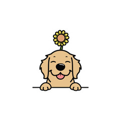 Cute golden retriever with sunflower on head cartoon, vector illustration