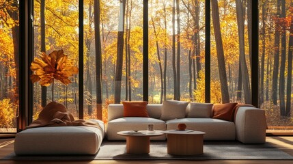 Modern living room with autumn view
