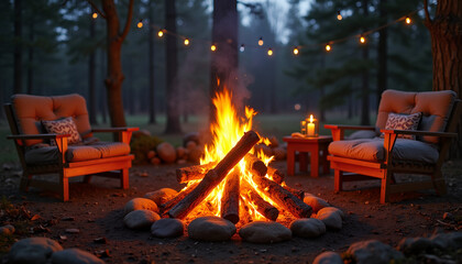 Cozy campfire setting with burning logs and comfortable chairs in the evening forest